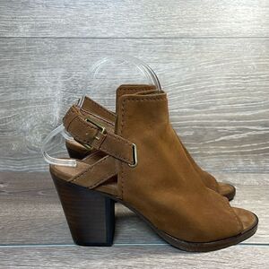 Frye Dani Shield Women’s Sz 7M Brown Suede Slingback Buckle Peep Toe Mules Heels